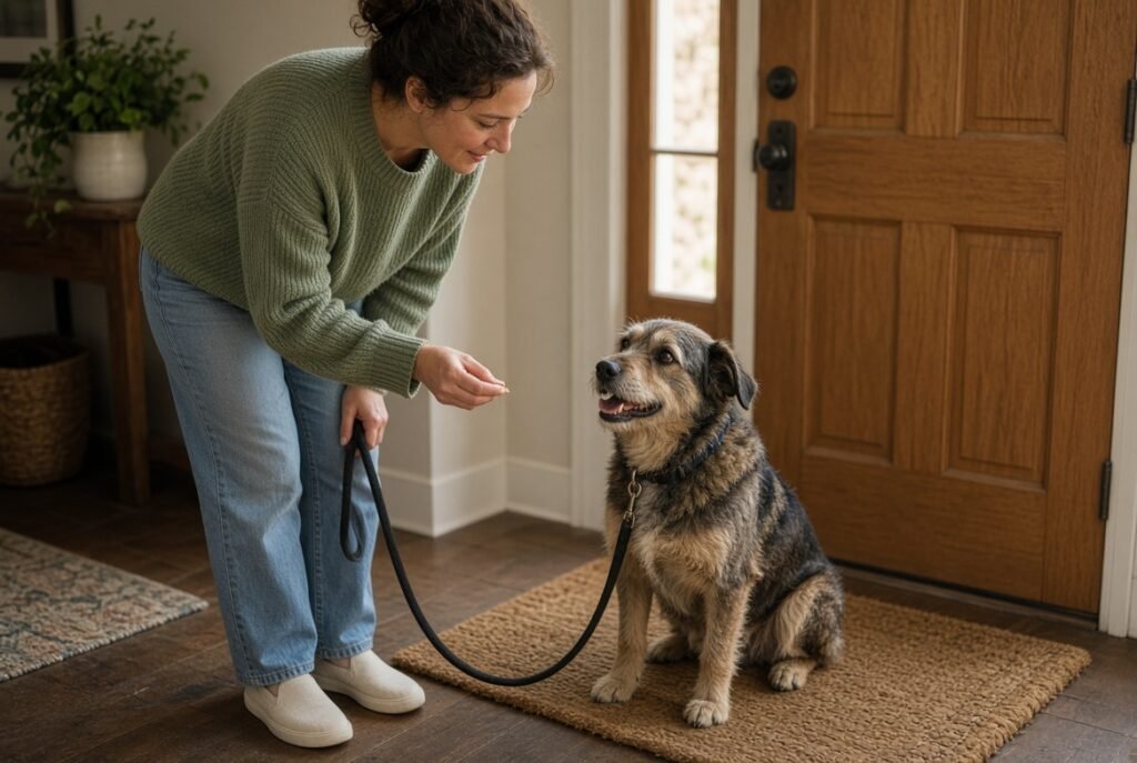 A mixed-breed dog sitting calmly on a doormat while a person offers a treat at the front door