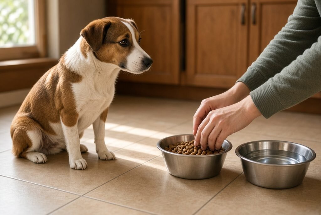A brown and white dog watches while a person mixes kibble in a metal bowl on a kitchen floor