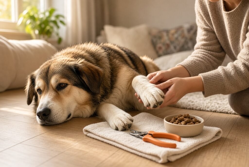 A relaxed dog having a front paw held gently during a home nail trim on a towel