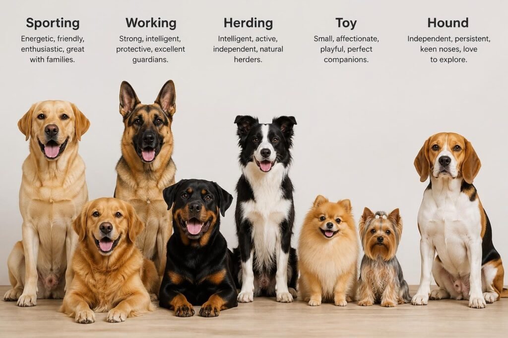 Various dog breeds illustrating names and classifications