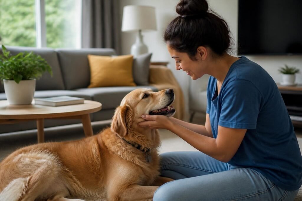 Dog sitting service with pet sitter and happy dog