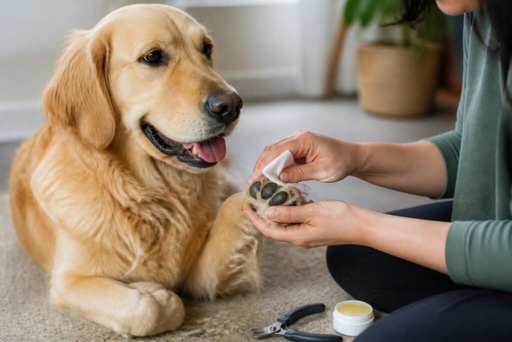 Healthy dog paws being cared for during paw care routine