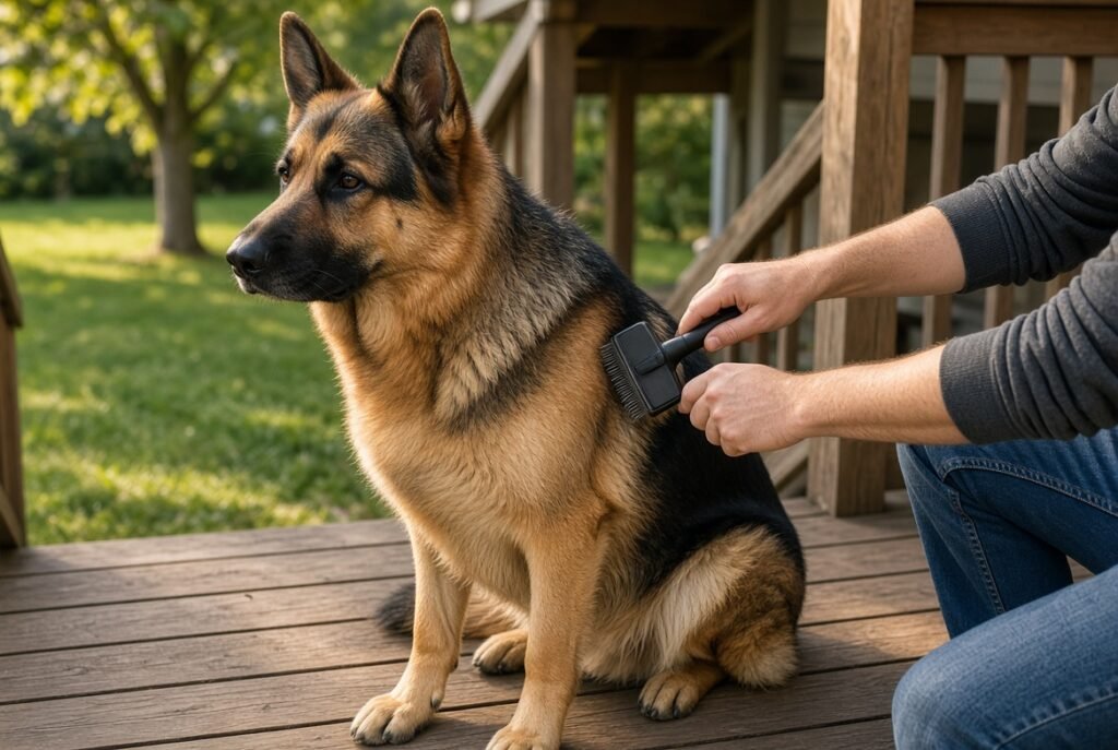 German Shepherd dog breed being brushed on a wooden porch in warm afternoon light